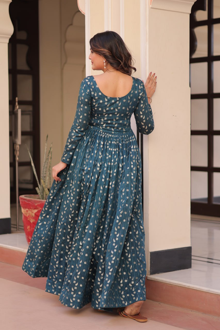 Jyoti Fashion Women's Teal Jacquard Weaving Long Designer Anarkali Set