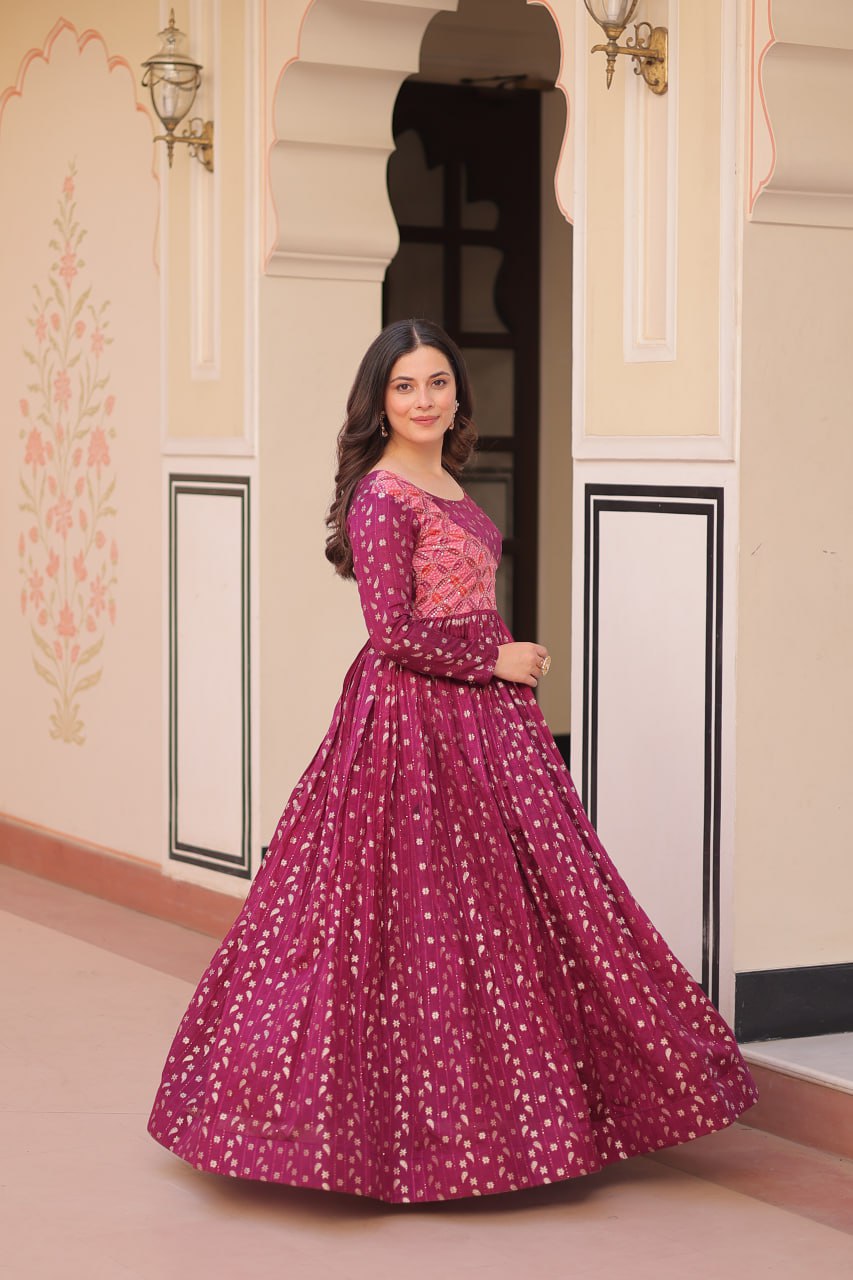 Jyoti Fashion Women's Wine Jacquard Weaving Long Designer Anarkali Set