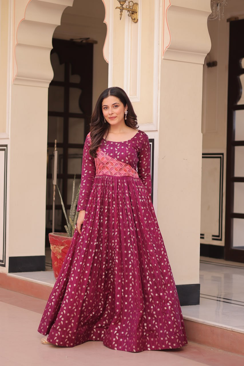 Jyoti Fashion Women's Wine Jacquard Weaving Long Designer Anarkali Set