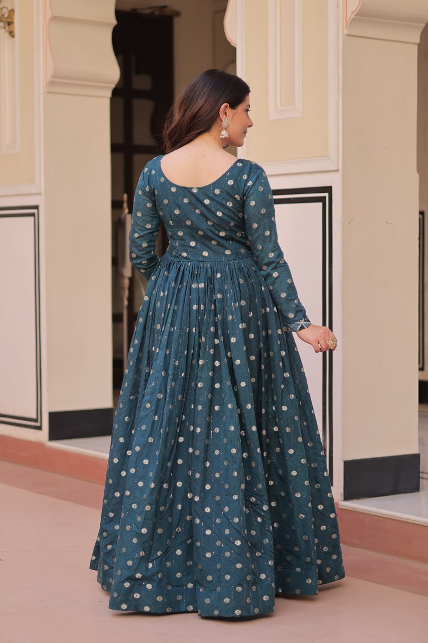 Jyoti Fashion Women's Teal Staple Jacquard Weaving Long Designer Anarkali Set