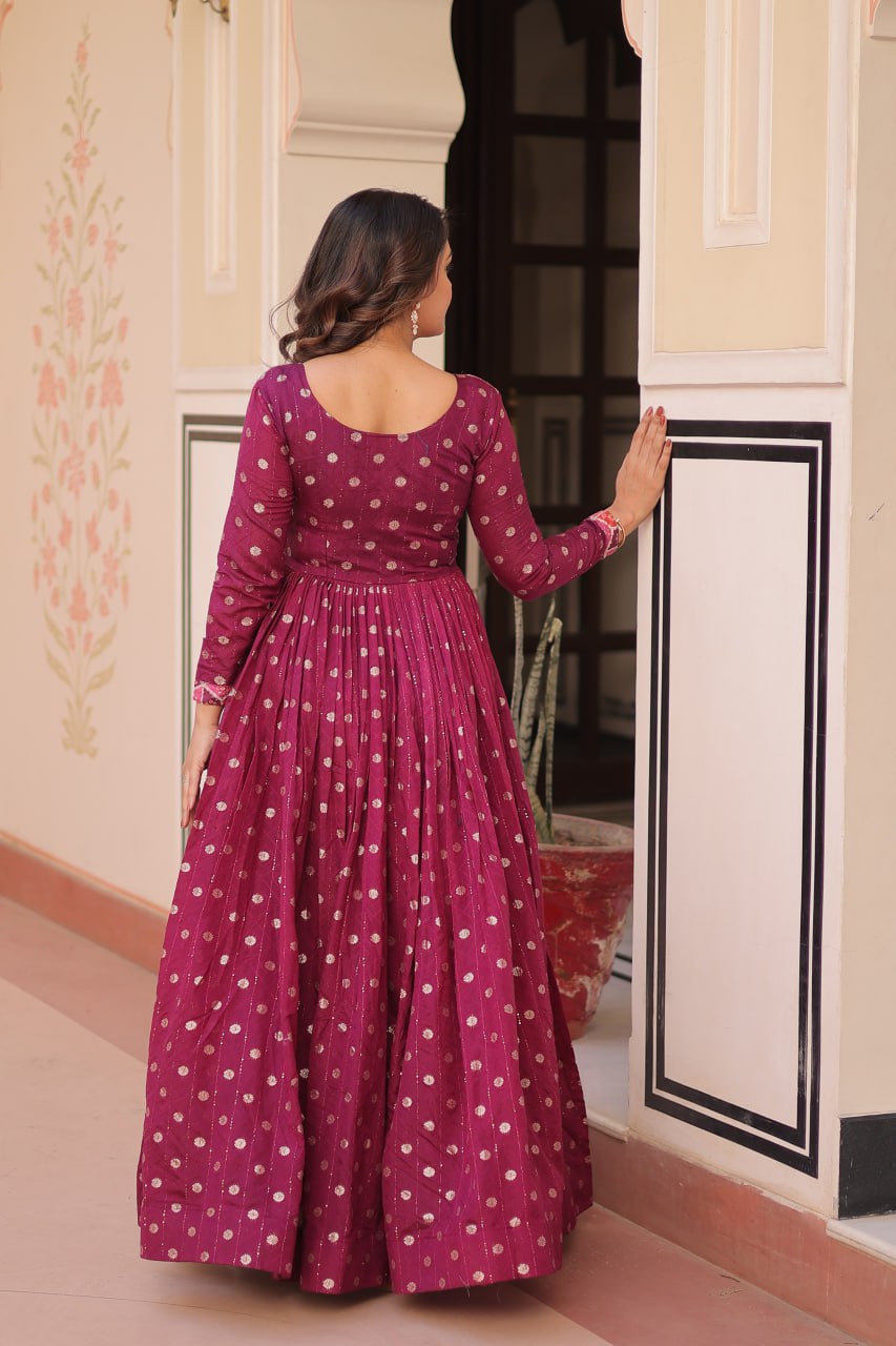 Jyoti Fashion Women's Wine Staple Jacquard Weaving Long Designer Anarkali Set