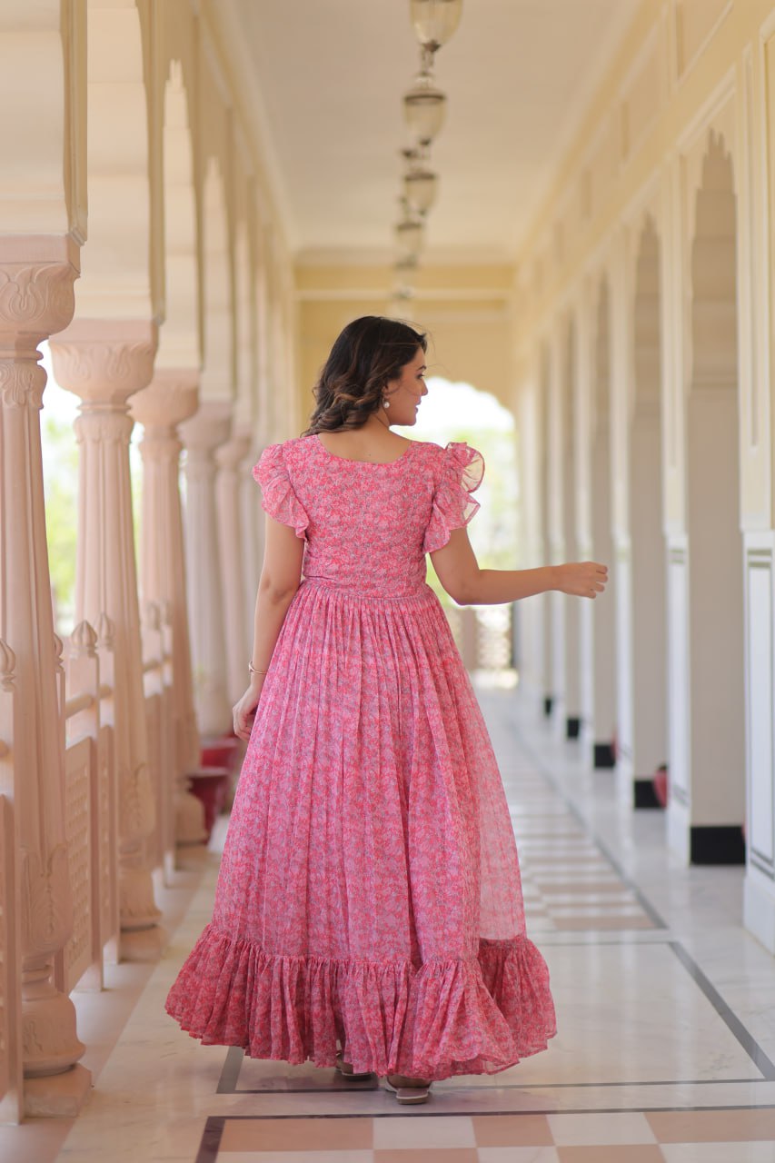 Jyoti Fashion Women's Baby Pink Faux Georgette Printed Long Designer Anarkali Set