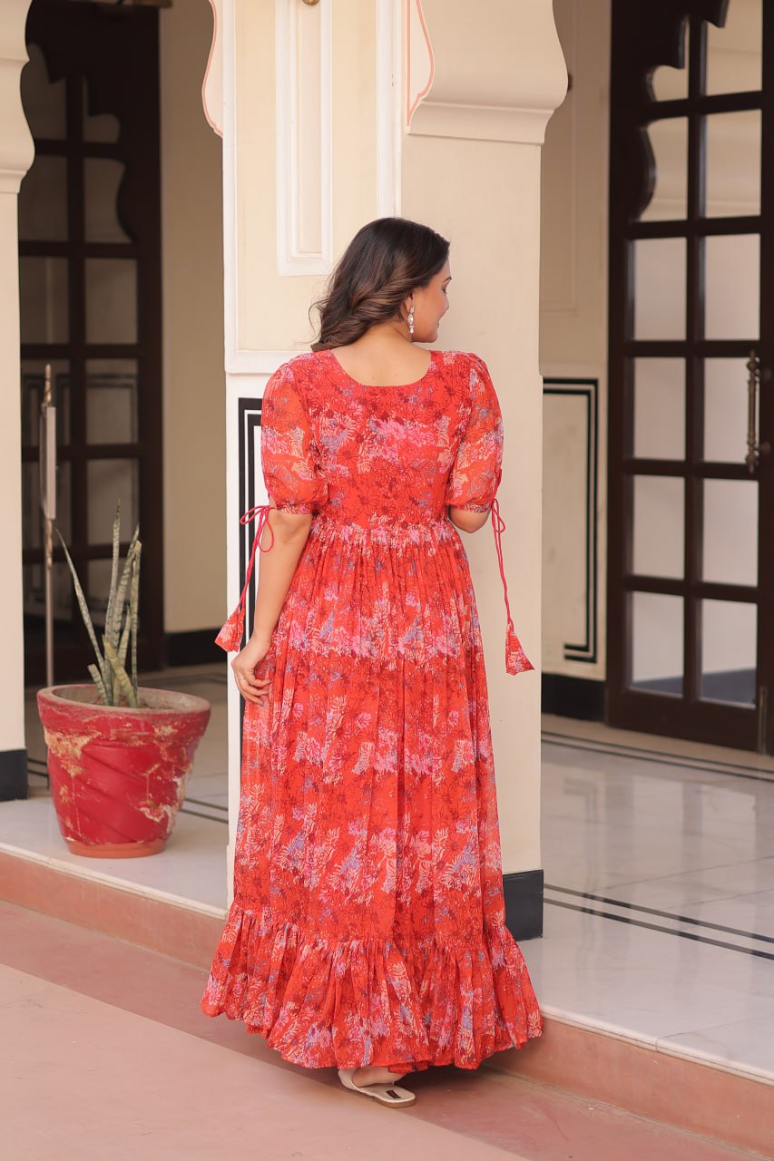 Jyoti Fashion Women's Red Faux Georgette Printed Long Designer Anarkali Set