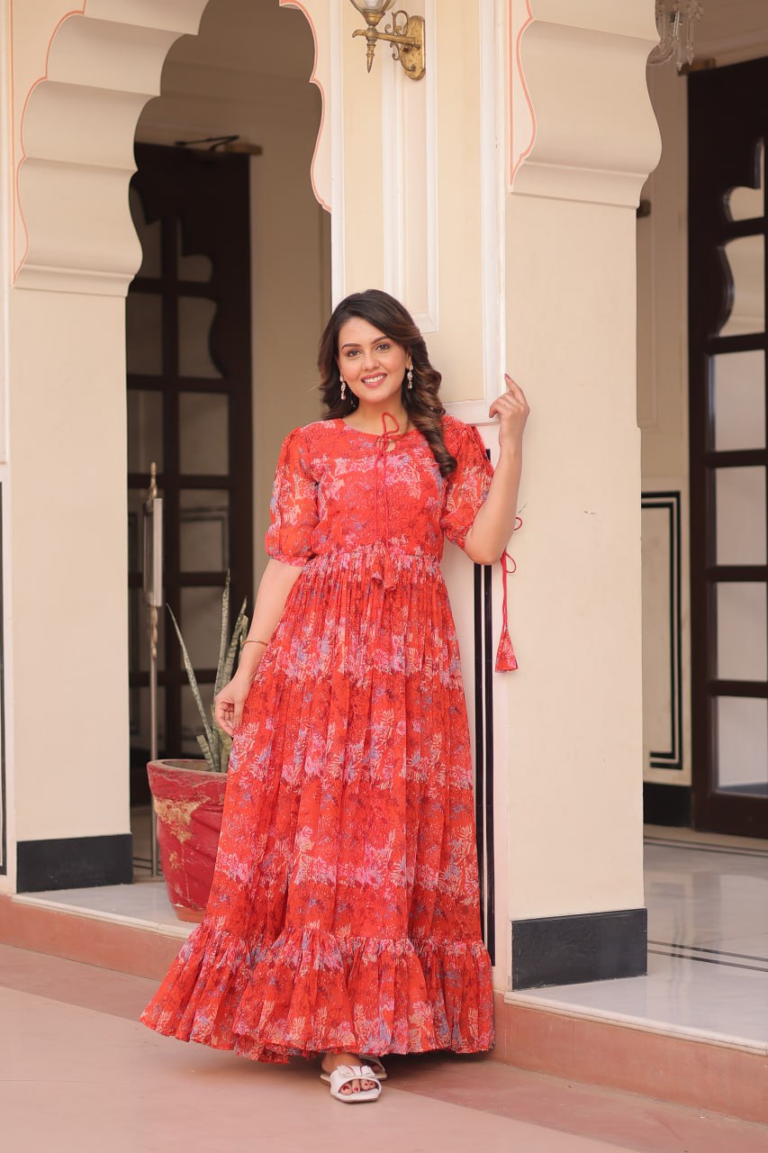 Jyoti Fashion Women's Red Faux Georgette Printed Long Designer Anarkali Set