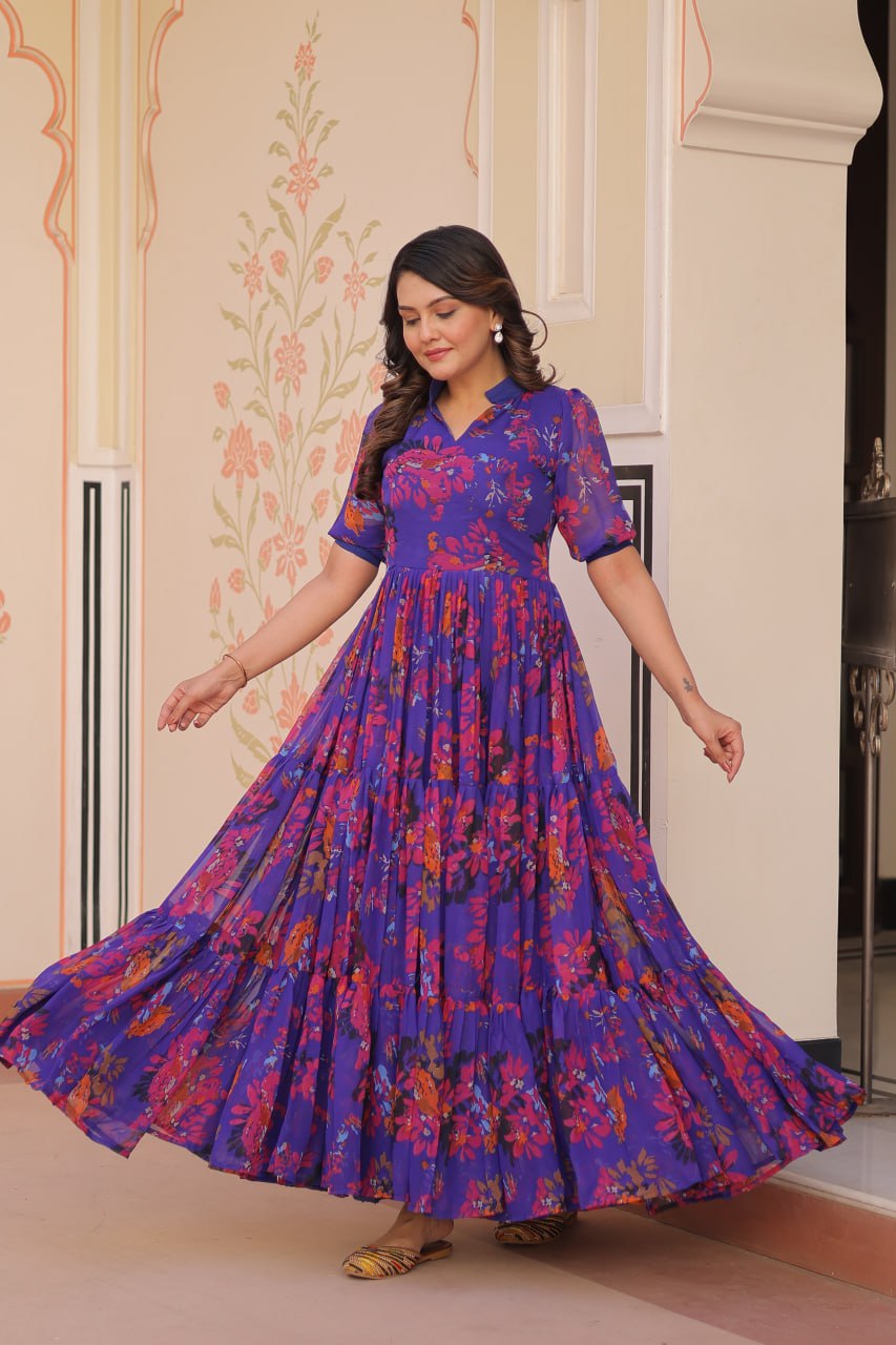 Jyoti Fashion Women's Purple Faux Georgette Printed Long Designer Anarkali Set