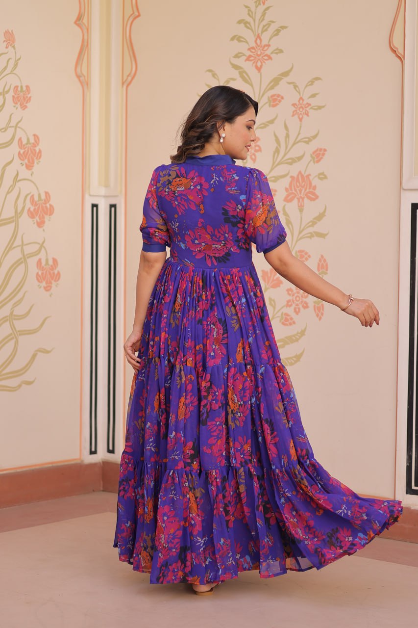 Jyoti Fashion Women's Purple Faux Georgette Printed Long Designer Anarkali Set