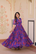 Jyoti Fashion Women's Purple Faux Georgette Printed Long Designer Anarkali Set