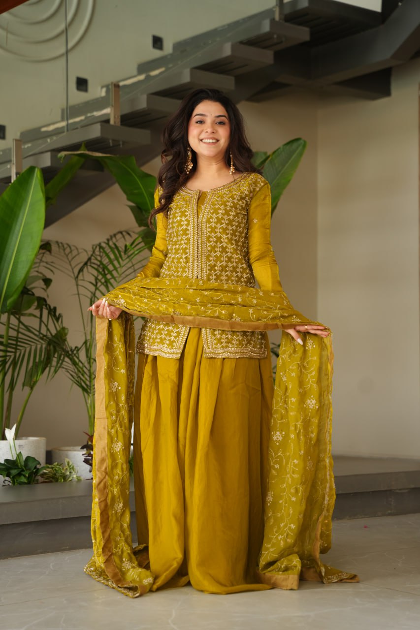 Jyoti Fashion Women's Mehendi Fendi Rich Beads Embroidered Sharara Set with Dupatta