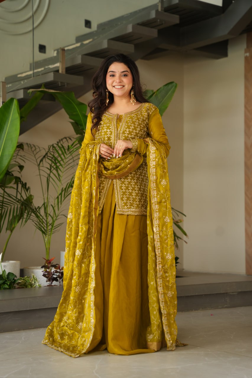 Jyoti Fashion Women's Mehendi Fendi Rich Beads Embroidered Sharara Set with Dupatta