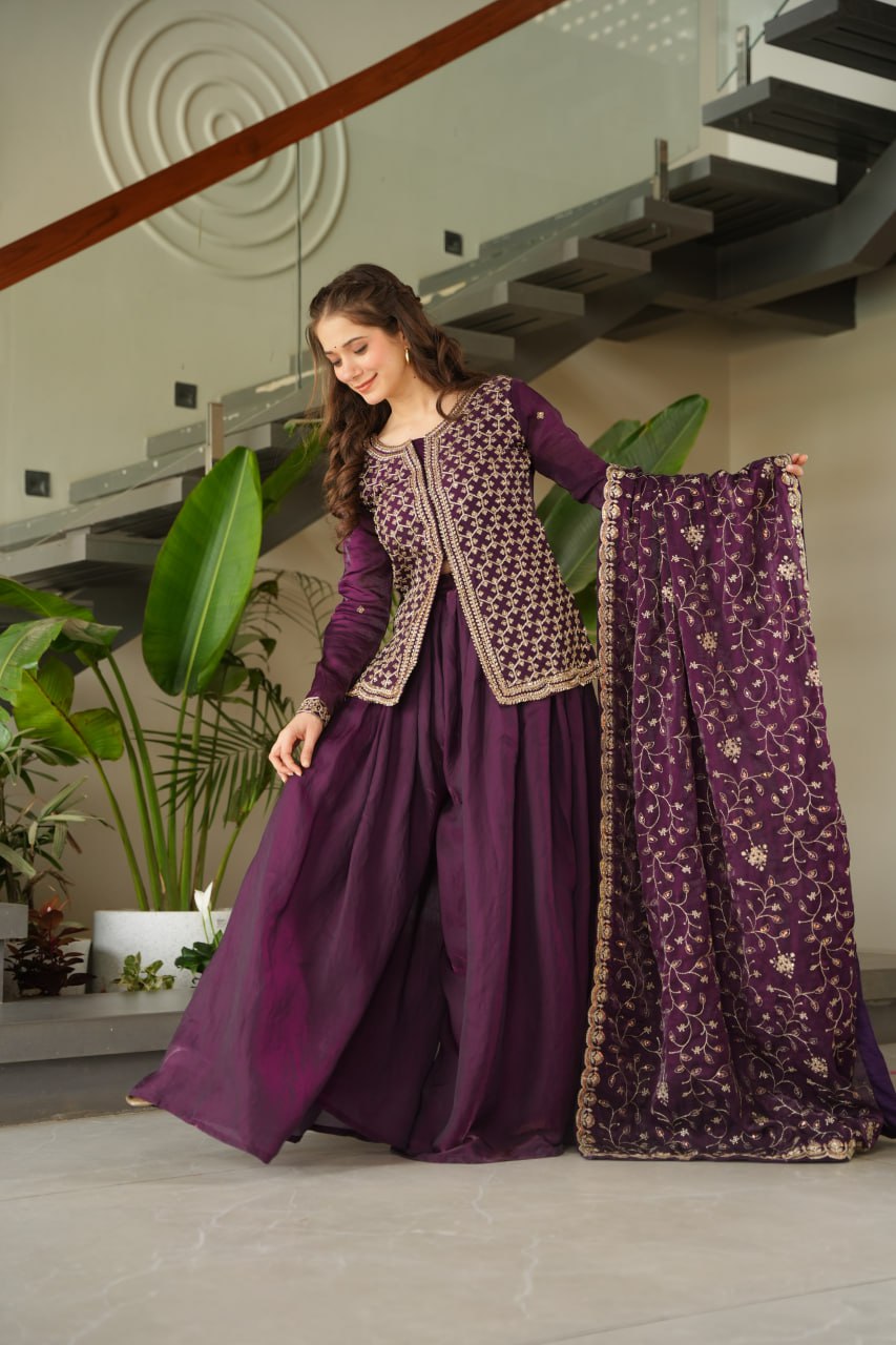 Jyoti Fashion Women's Wine Fendi Rich Beads Embroidered Sharara Set with Dupatta