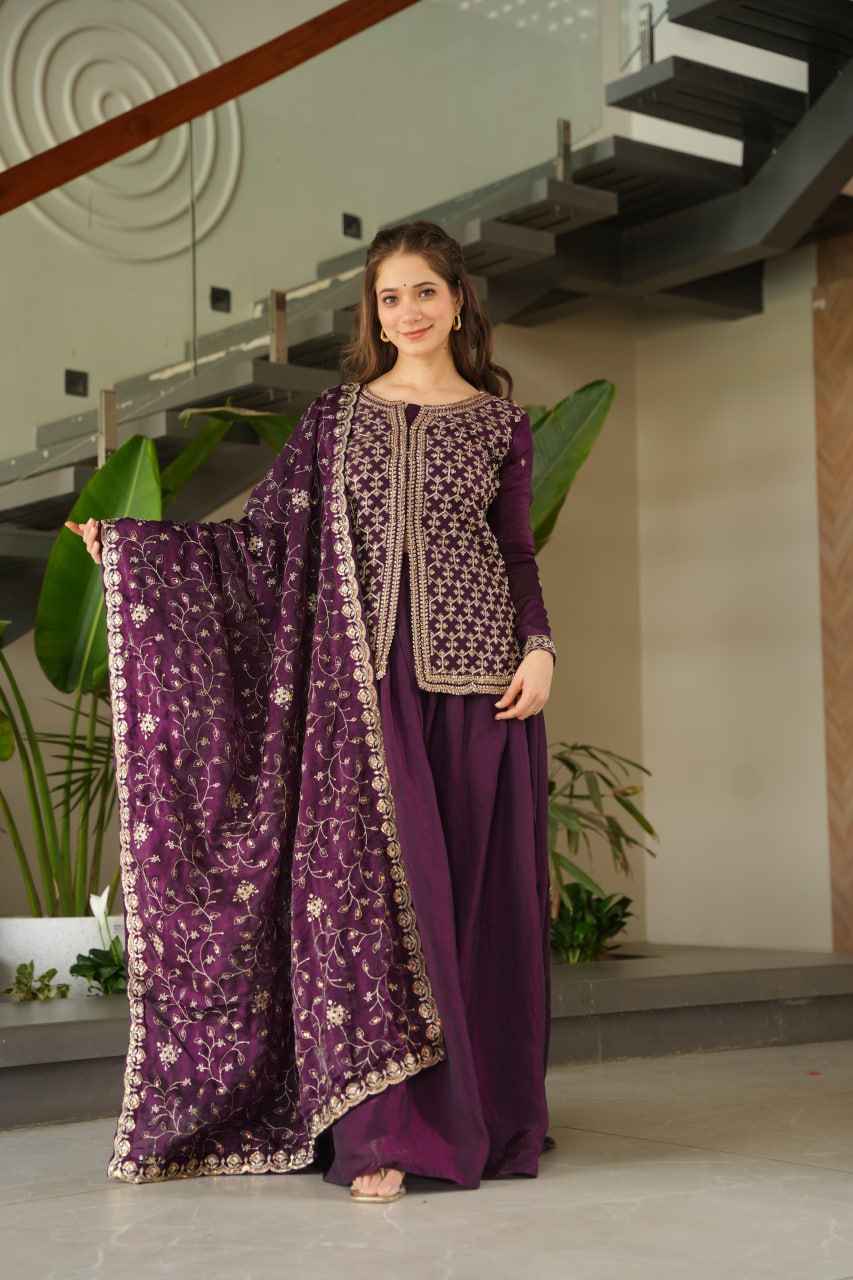 Jyoti Fashion Women's Wine Fendi Rich Beads Embroidered Sharara Set with Dupatta