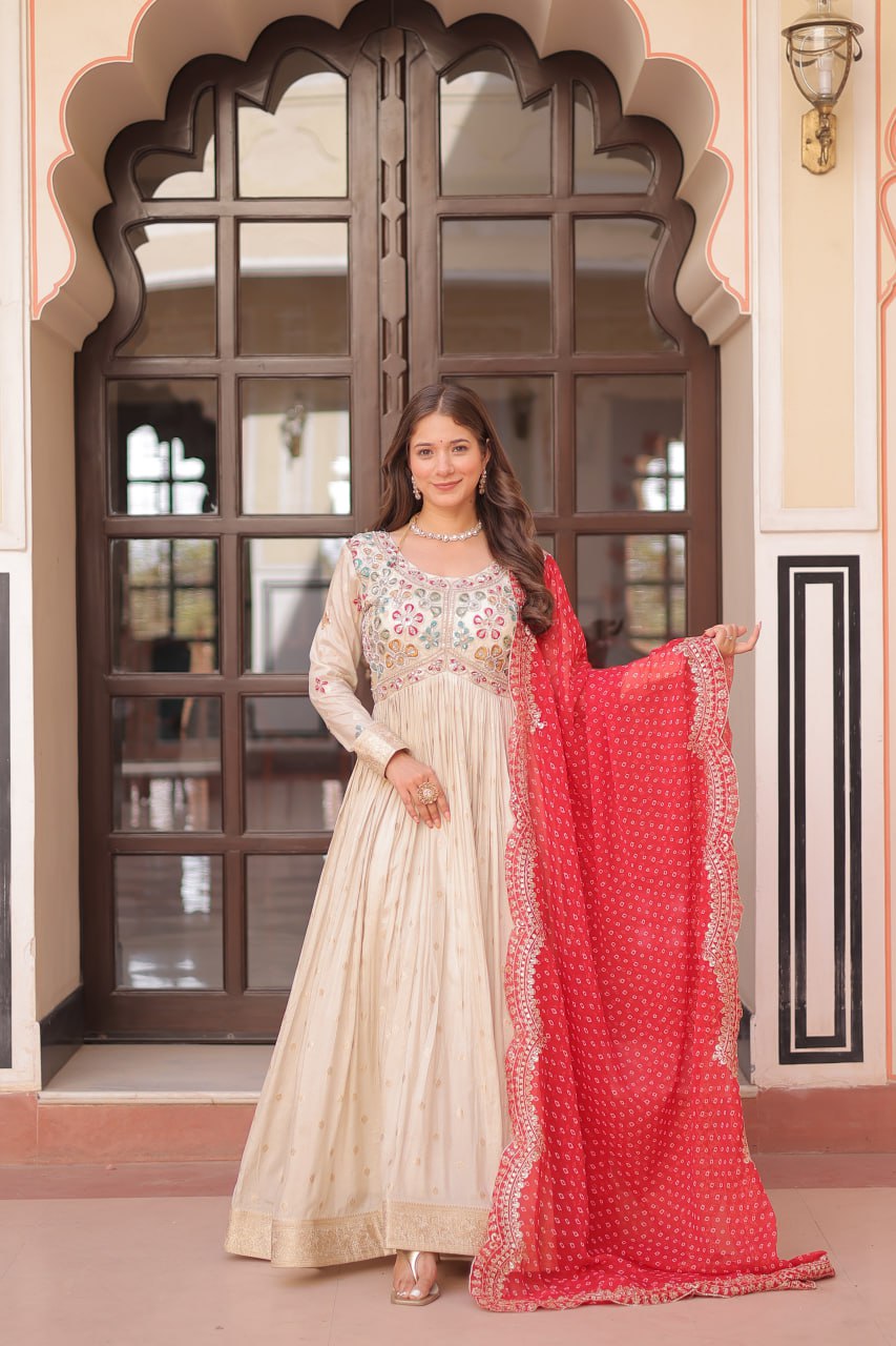 Jyoti Fashion Women's Red Cosmos Jacquard Pearl Beads Embroidered Anarkali Set With Dupatta