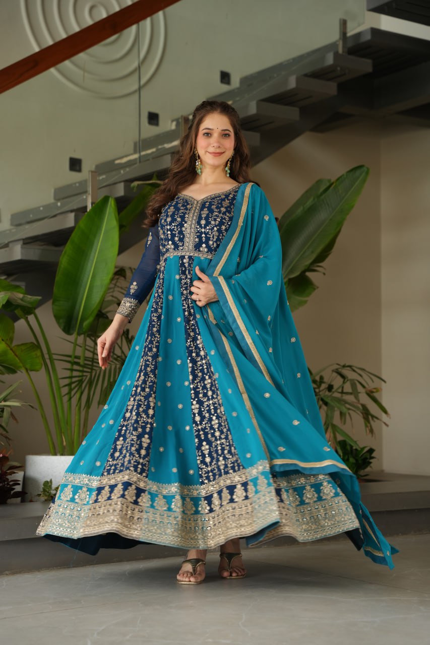 Jyoti Fashion Women's Blue Faux Blooming Zari & Sequins Embroidered Anarkali Set With Dupatta