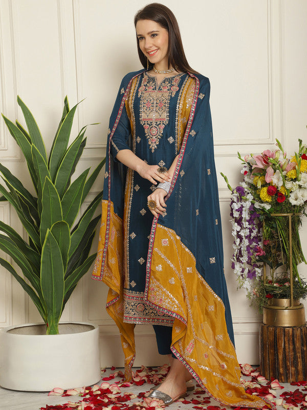 Jyoti Fashion Women's Navy Blue Chinon Chiffon Embroidered Designer Straight Suit Set