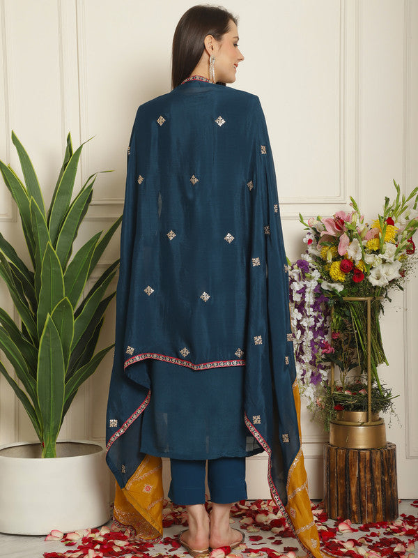 Jyoti Fashion Women's Navy Blue Chinon Chiffon Embroidered Designer Straight Suit Set
