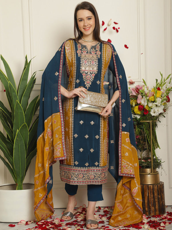 Jyoti Fashion Women's Navy Blue Chinon Chiffon Embroidered Designer Straight Suit Set