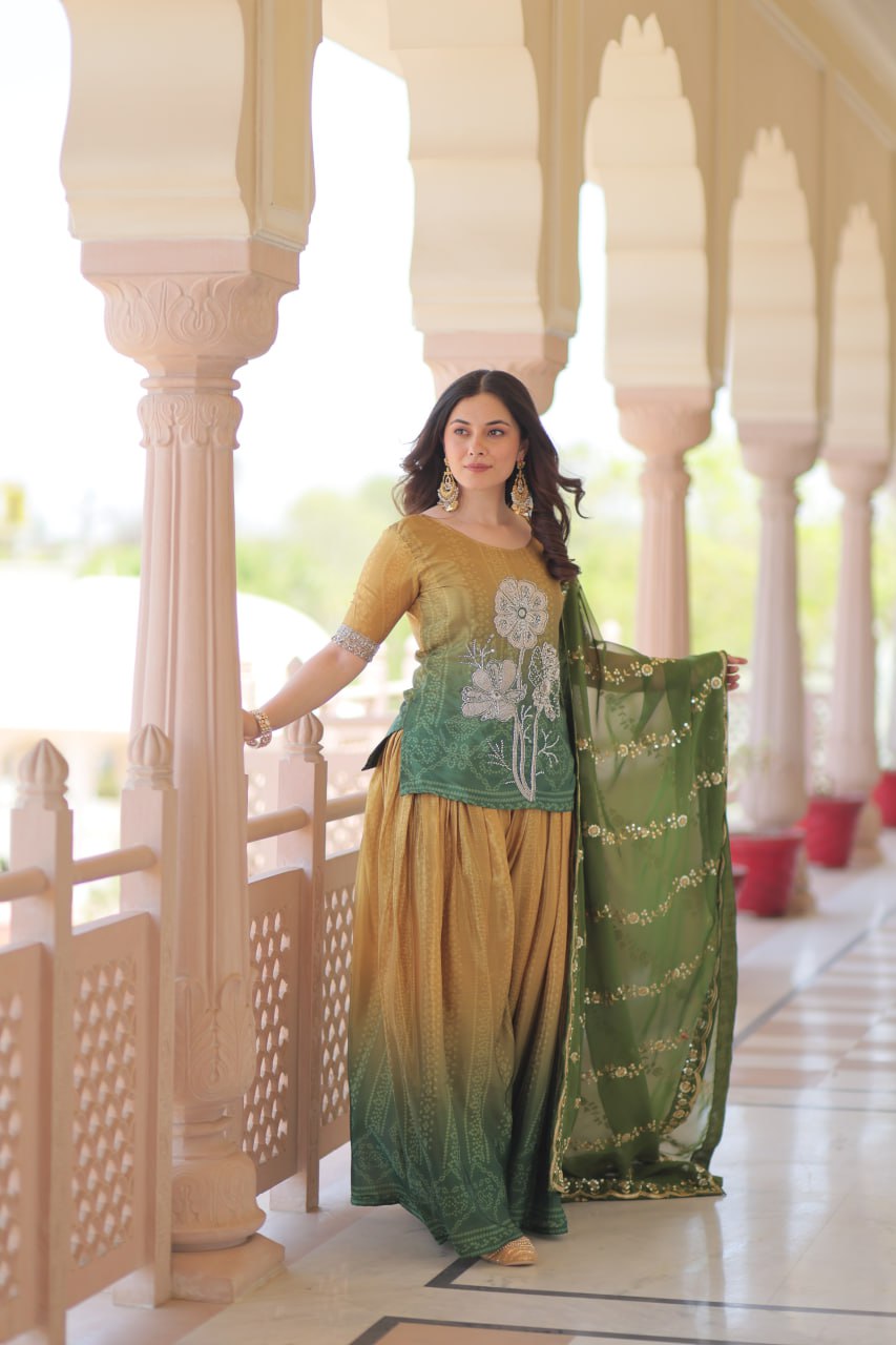 Jyoti Fashion Women's Green Chinon Beads Embroidered Sharara Set with Dupatta