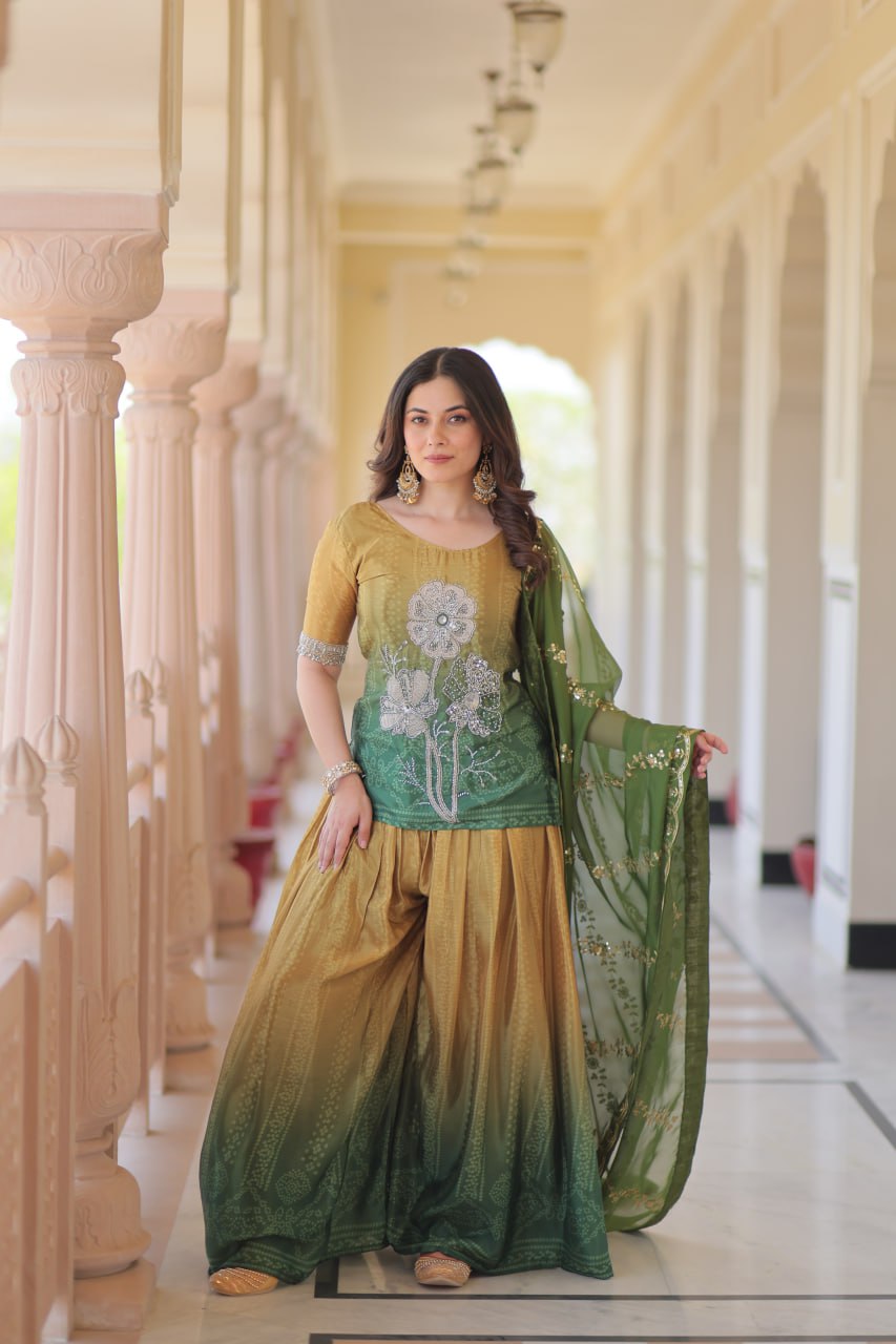 Jyoti Fashion Women's Green Chinon Beads Embroidered Sharara Set with Dupatta