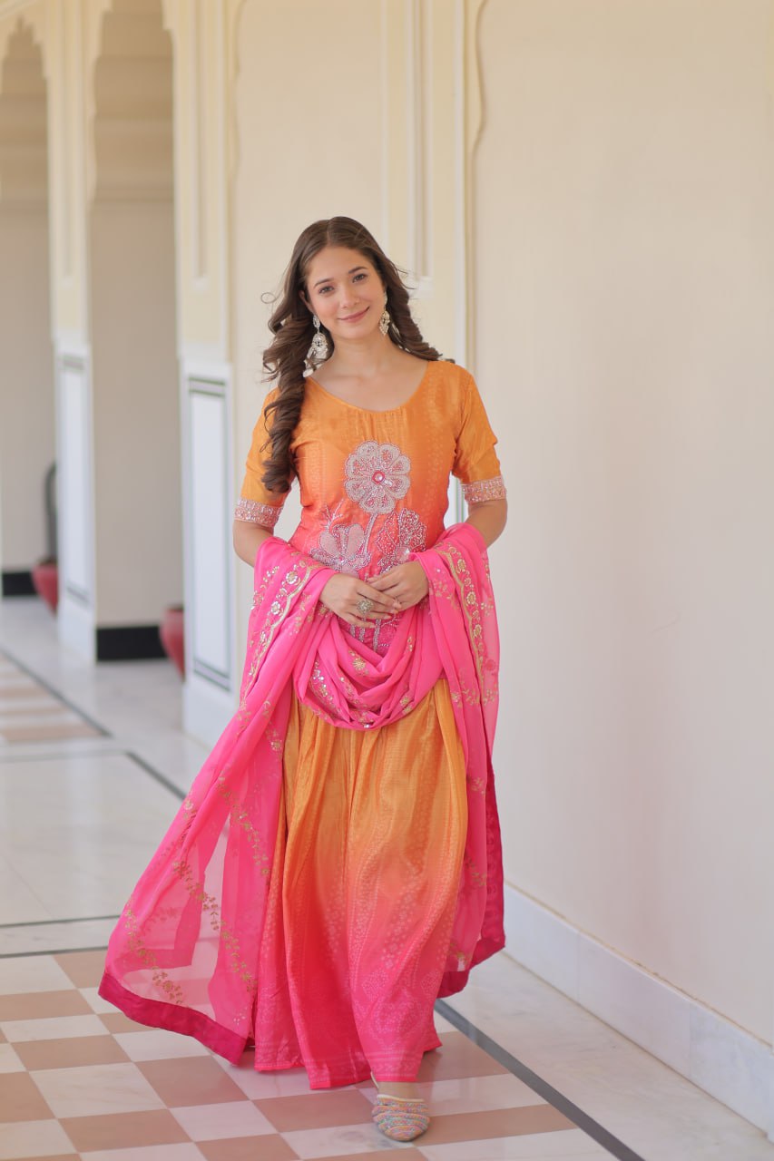 Jyoti Fashion Women's Pink Chinon Beads Embroidered Sharara Set with Dupatta
