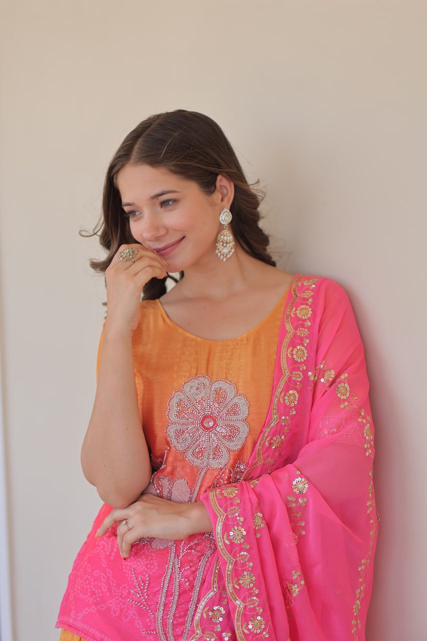Jyoti Fashion Women's Pink Chinon Beads Embroidered Sharara Set with Dupatta