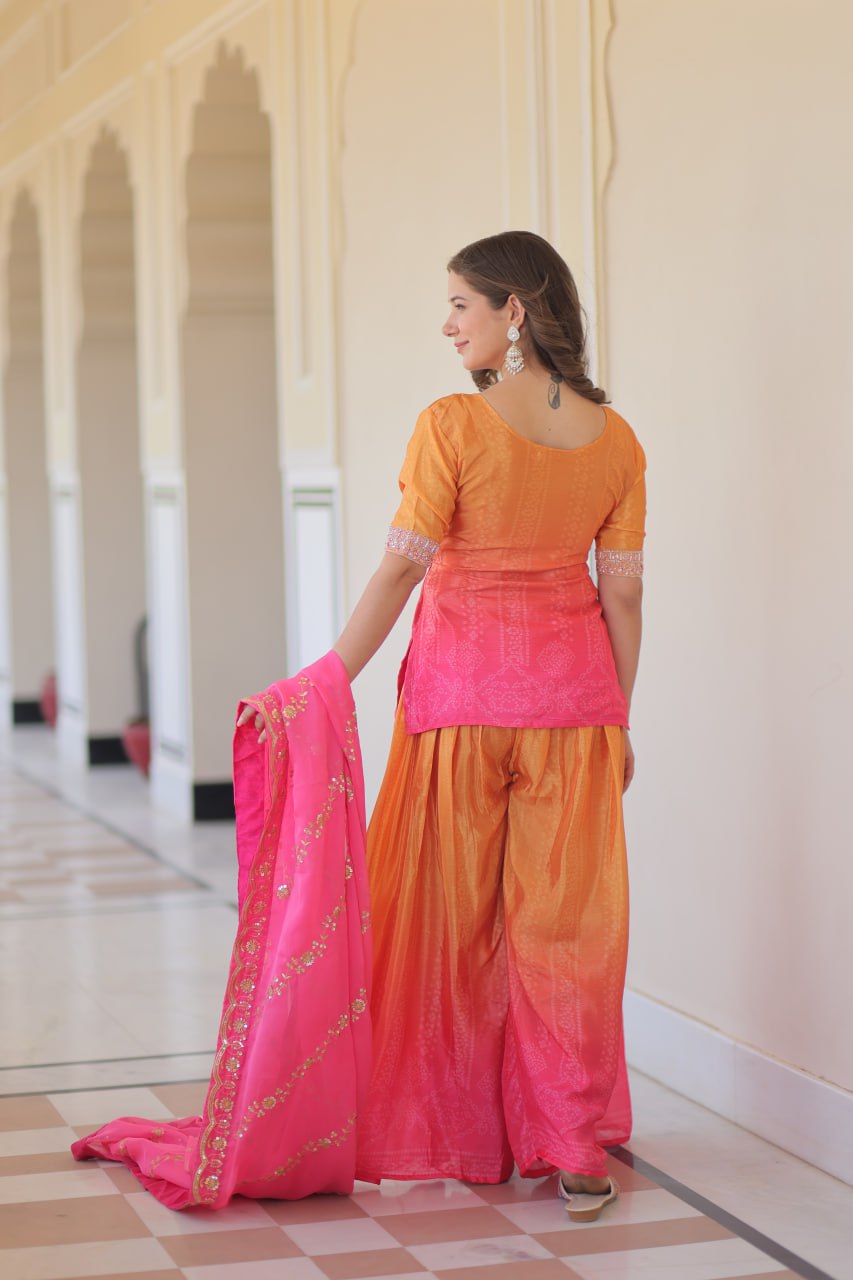 Jyoti Fashion Women's Pink Chinon Beads Embroidered Sharara Set with Dupatta