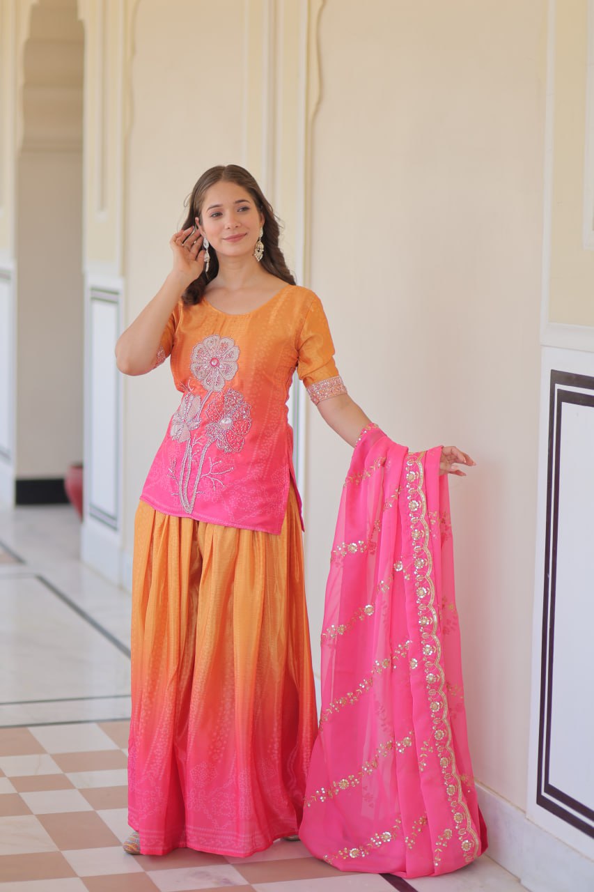 Jyoti Fashion Women's Pink Chinon Beads Embroidered Sharara Set with Dupatta