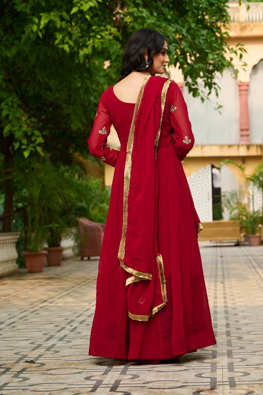 Jyoti Fashion Women's Maroon Faux Blooming Sequins with Thread Embroidered Anarkali Set With Dupatta