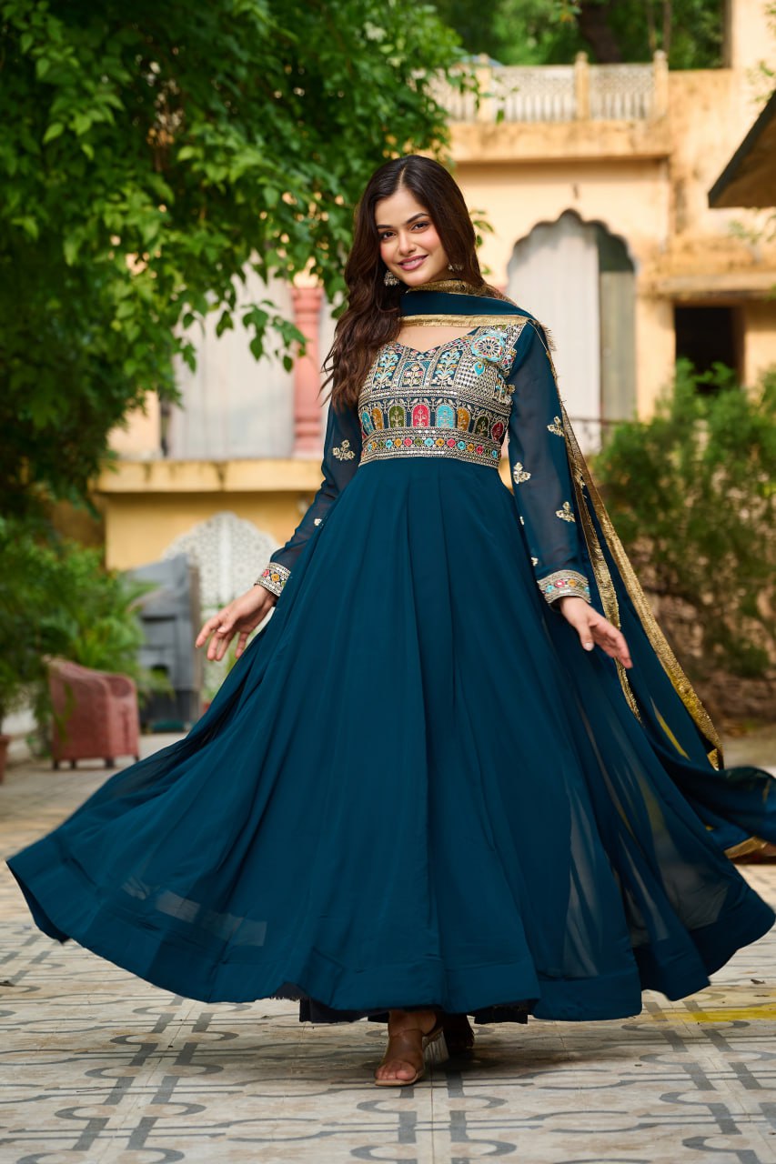 Jyoti Fashion Women's Teal Faux Blooming Sequins with Thread Embroidered Anarkali Set With Dupatta