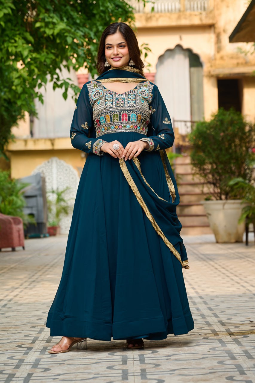 Jyoti Fashion Women's Teal Faux Blooming Sequins with Thread Embroidered Anarkali Set With Dupatta