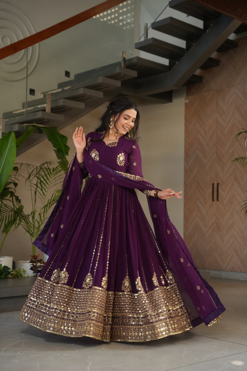 Jyoti Fashion Women's Purple Faux Blooming Zari & Sequins Embroidered Anarkali Set With Dupatta