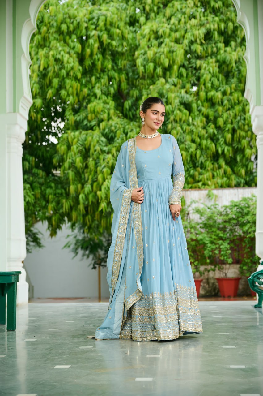 Jyoti Fashion Women's Sky Blue Faux Georgette Embroidered Designer Anarkali Set With Dupatta