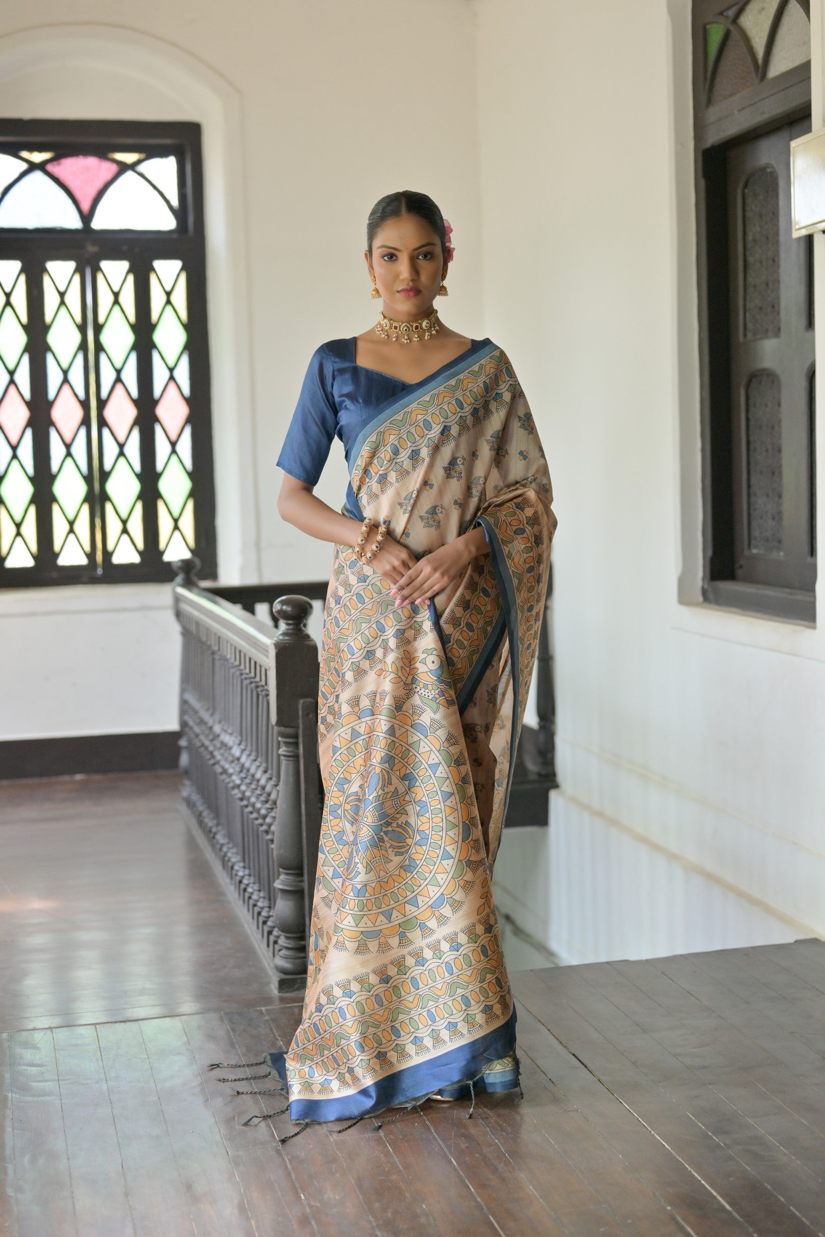 Jyoti Fashion Women's Blue Soft Tussar Silk Printed Designer Saree with Blouse