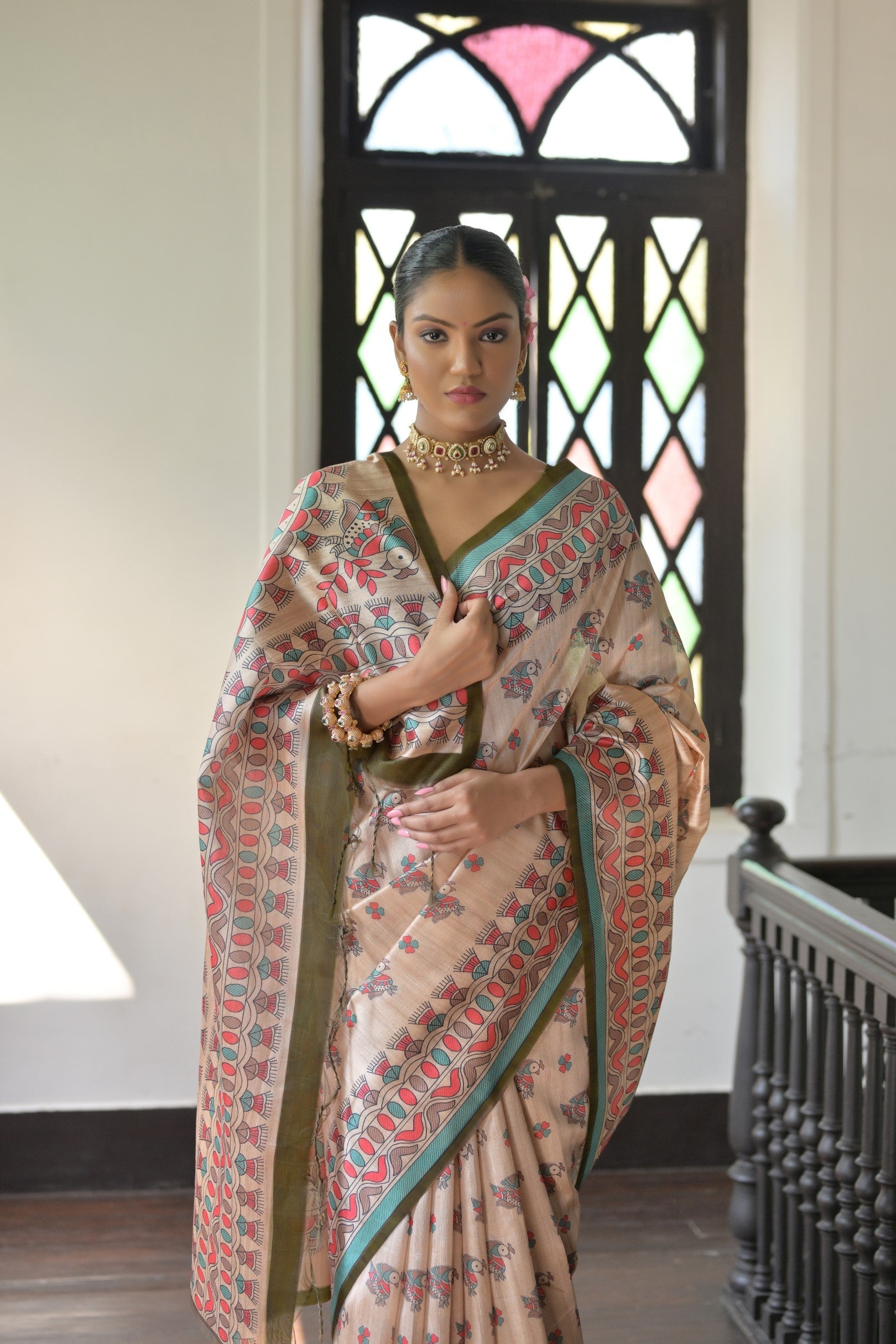 Jyoti Fashion Women's Mehendi Soft Tussar Silk Printed Designer Saree with Blouse