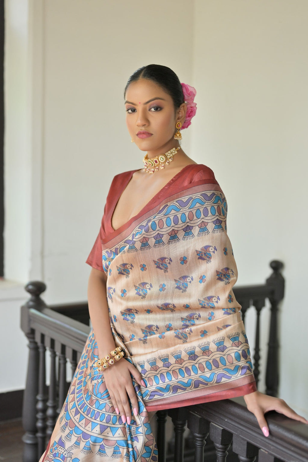 Jyoti Fashion Women's Red Soft Tussar Silk Printed Designer Saree with Blouse