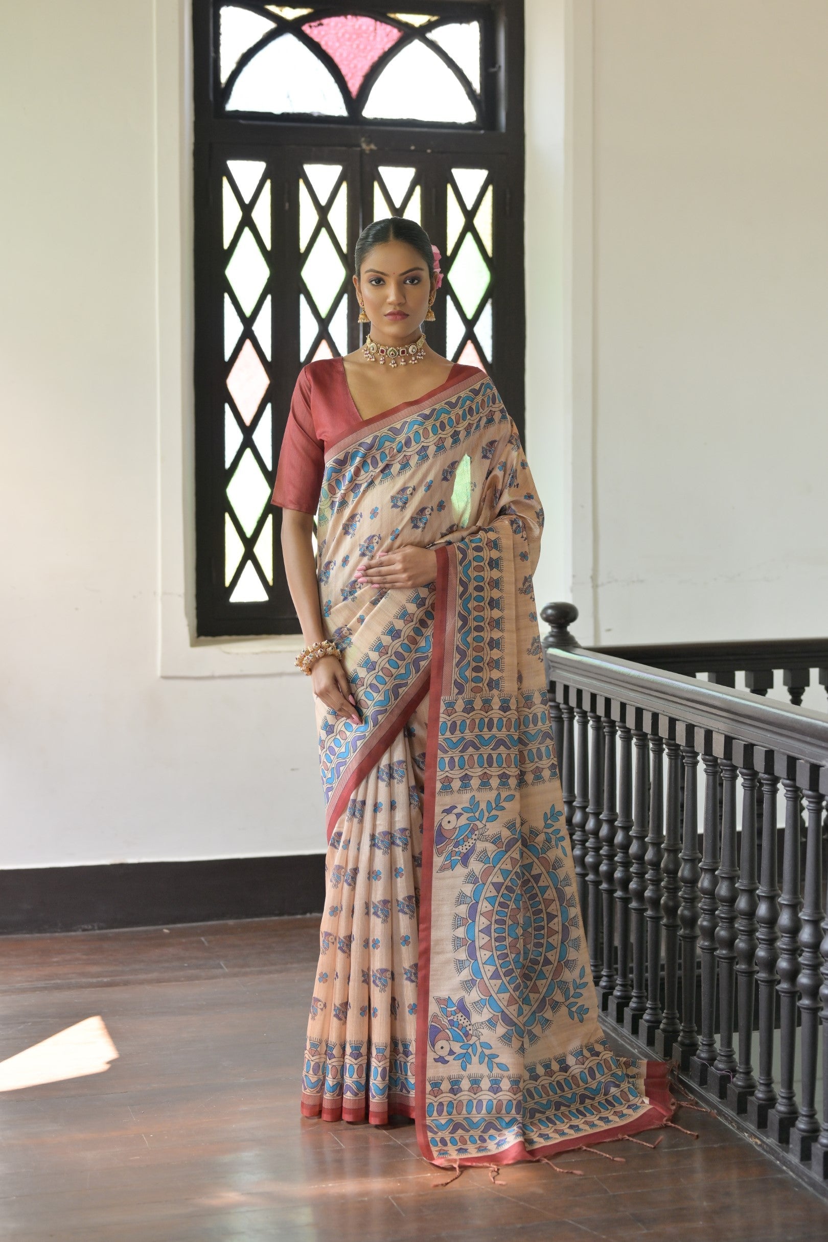 Jyoti Fashion Women's Red Soft Tussar Silk Printed Designer Saree with Blouse