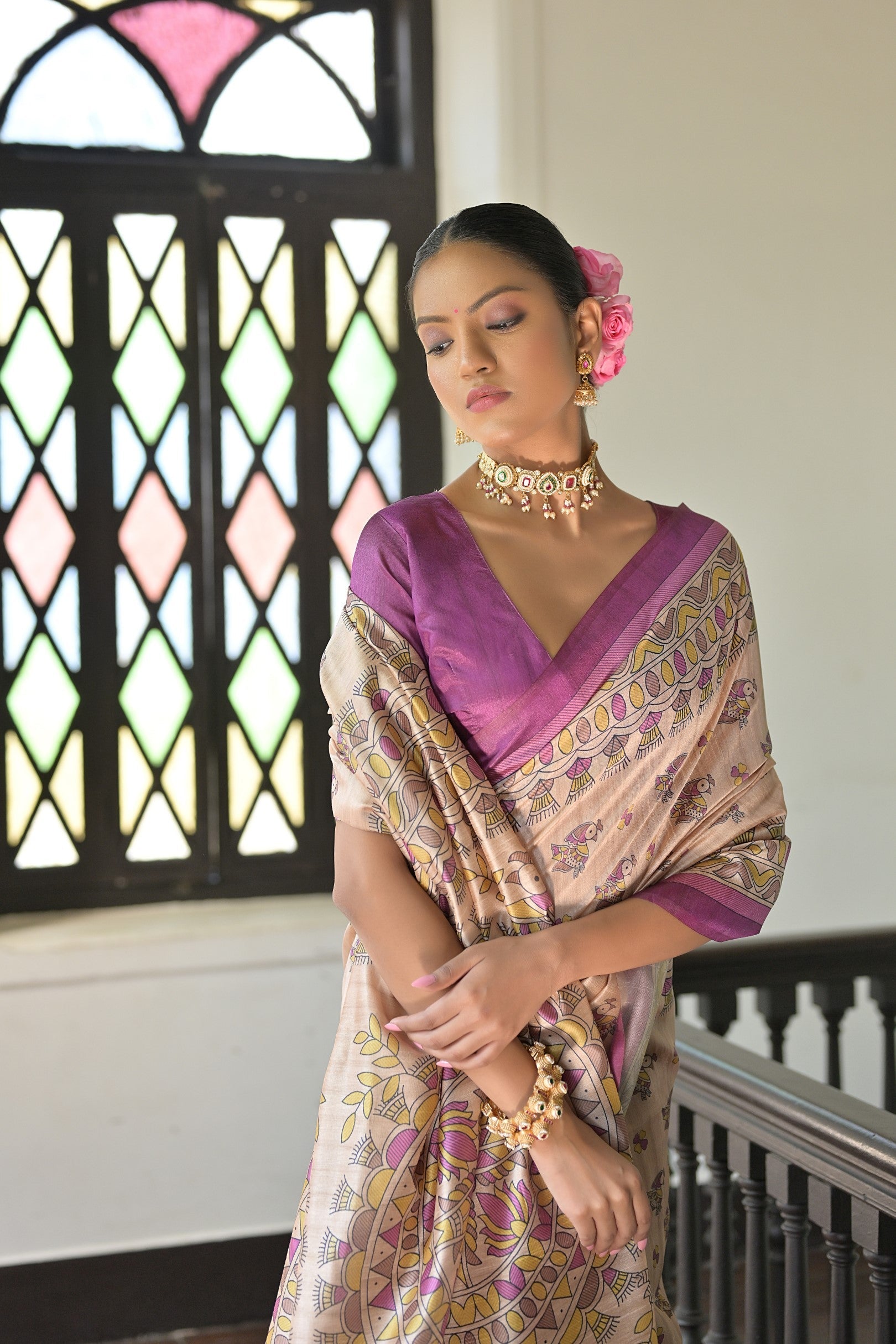 Jyoti Fashion Women's Wine Soft Tussar Silk Printed Designer Saree with Blouse