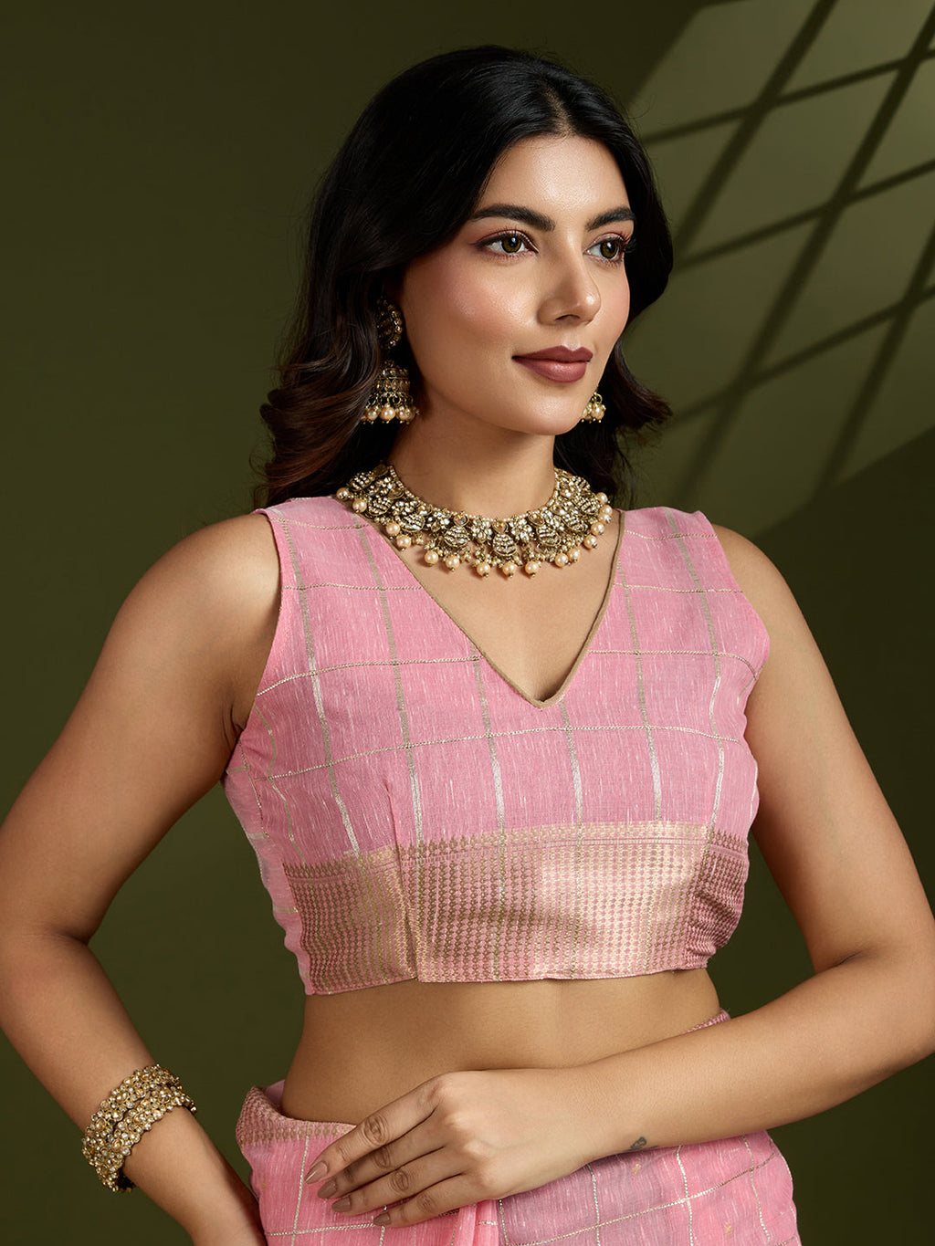 Jyoti Fashion Women's Pink Tissue Linen Silk Zari Woven Designer Saree with Blouse