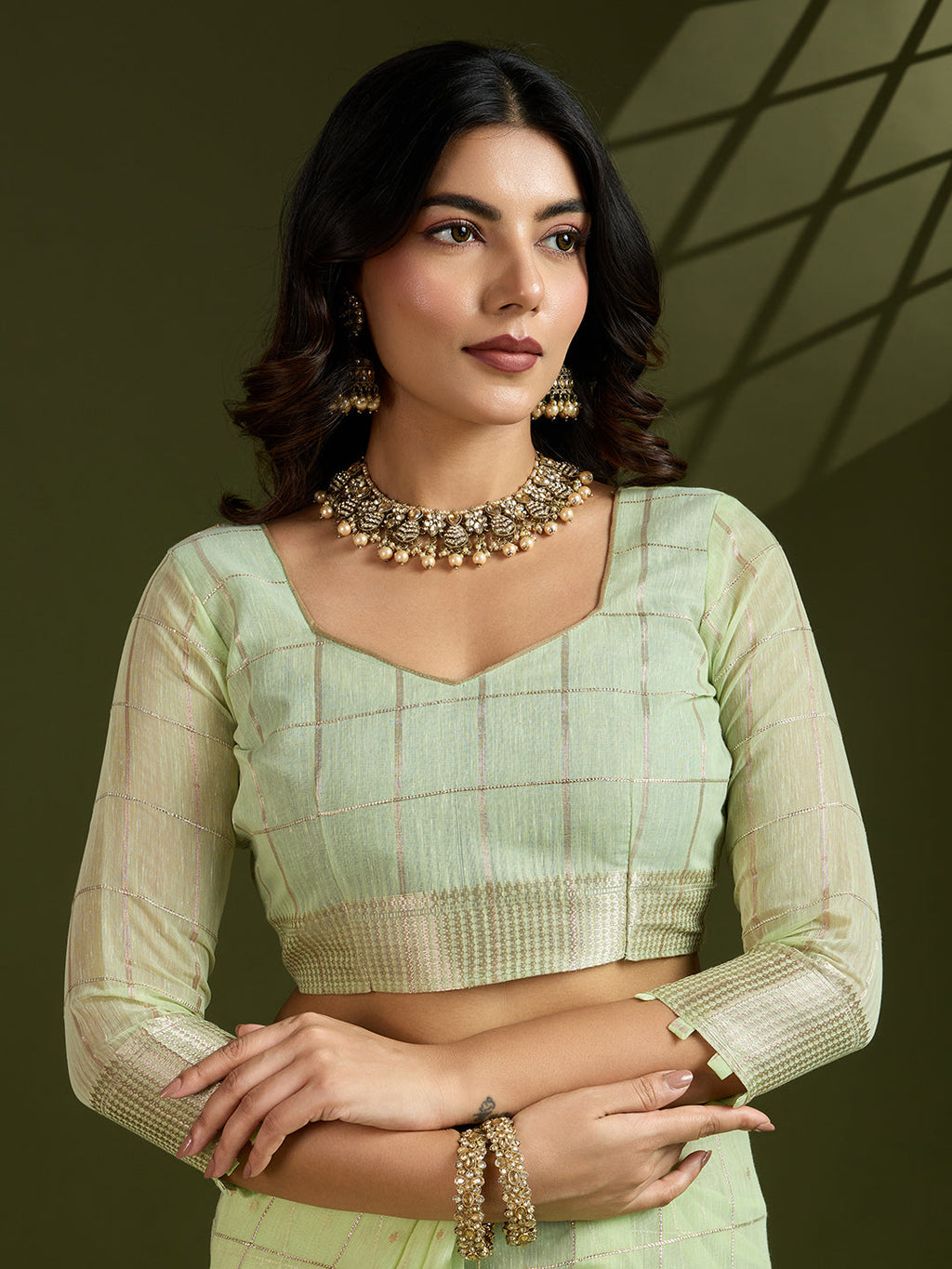 Jyoti Fashion Women's Sea Green Tissue Linen Silk Zari Woven Designer Saree with Blouse