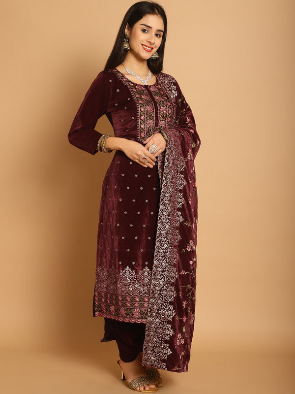 Jyoti Fashion Women's Maroon Velvet Floral Resham Thread with Jari & Sequince work Designer Straight Suit Set
