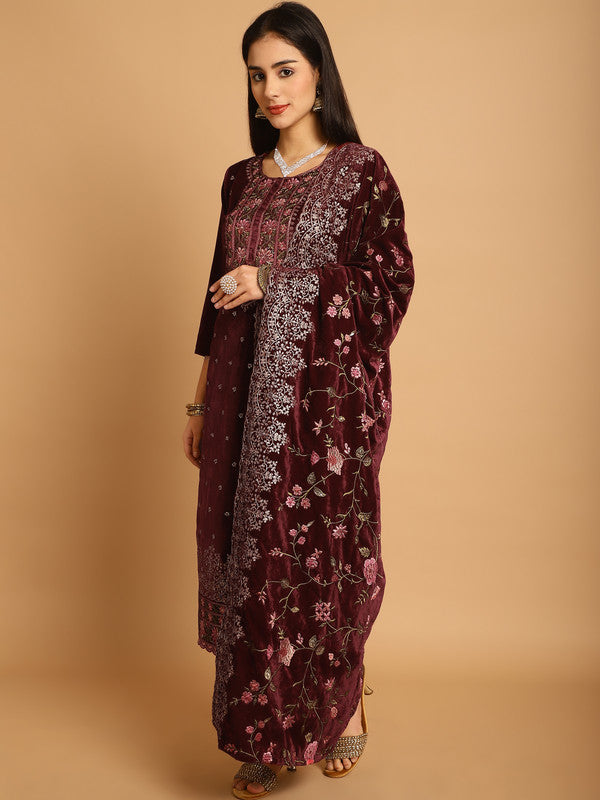 Jyoti Fashion Women's Maroon Velvet Floral Resham Thread with Jari & Sequince work Designer Straight Suit Set