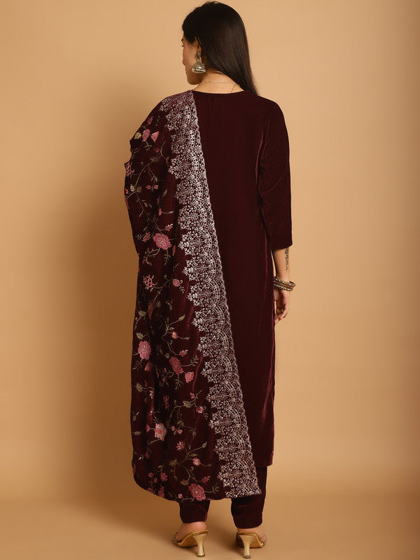 Jyoti Fashion Women's Maroon Velvet Floral Resham Thread with Jari & Sequince work Designer Straight Suit Set