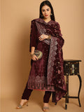 Jyoti Fashion Women's Maroon Velvet Floral Resham Thread with Jari & Sequince work Designer Straight Suit Set