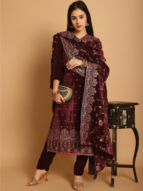 Jyoti Fashion Women's Maroon Velvet Floral Resham Thread with Jari & Sequince work Designer Straight Suit Set