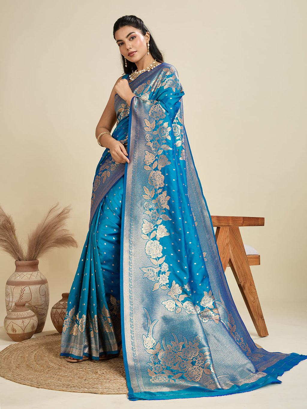 Jyoti Fashion Women's Blue Soft Kanjivaram Silk Zari Woven Designer Saree with Blouse
