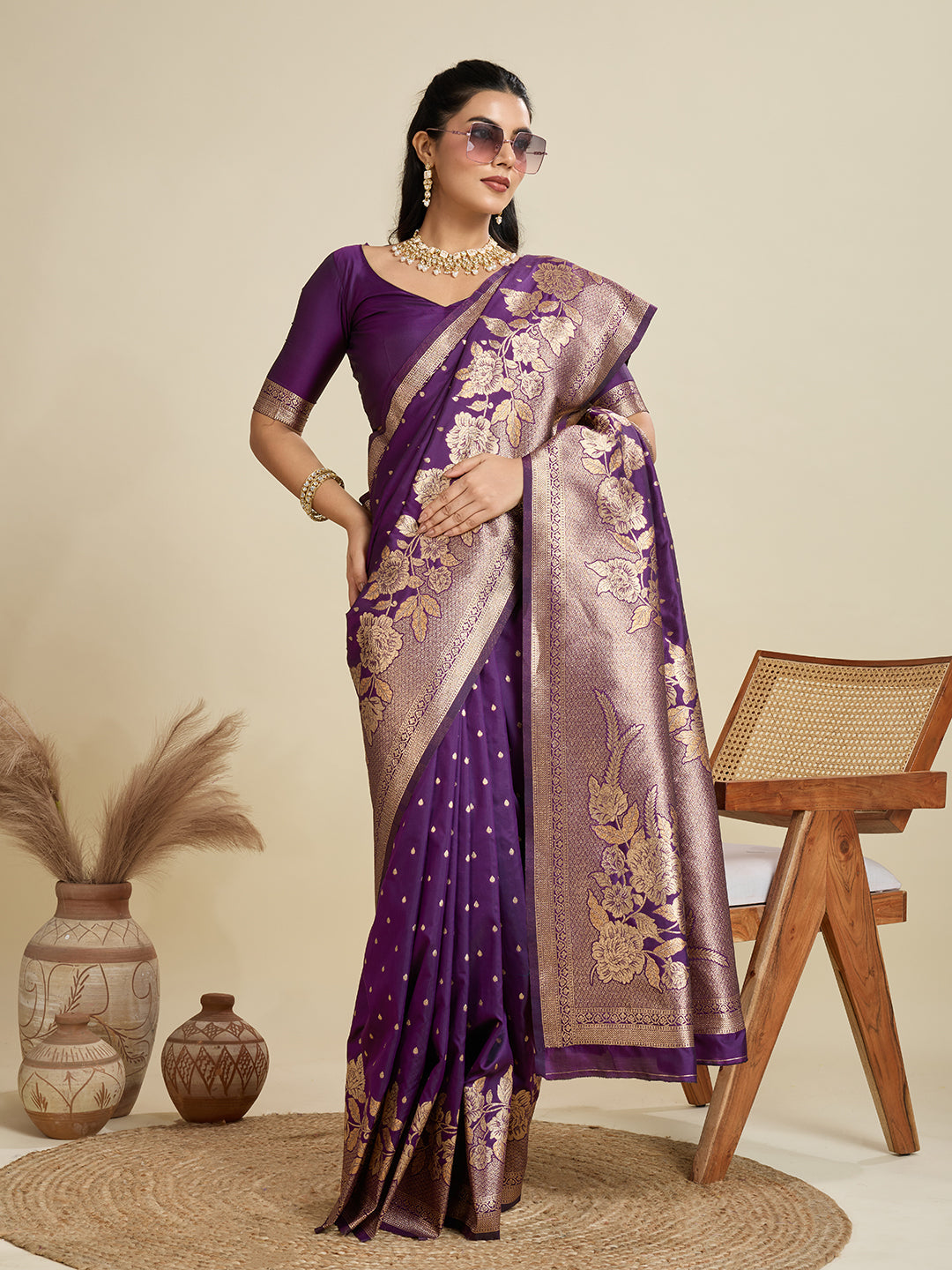 Jyoti Fashion Women's Wine Soft Kanjivaram Silk Zari Woven Designer Saree with Blouse