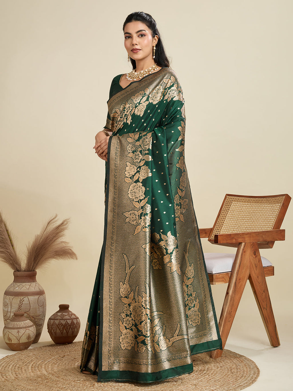 Jyoti Fashion Women's Bottle Green Soft Kanjivaram Silk Zari Woven Designer Saree with Blouse
