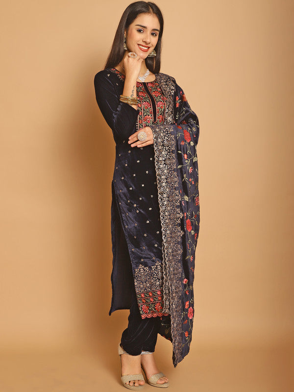 Jyoti Fashion Women's Navy Blue Velvet Floral Resham Thread with Jari & Sequince work Designer Straight Suit Set