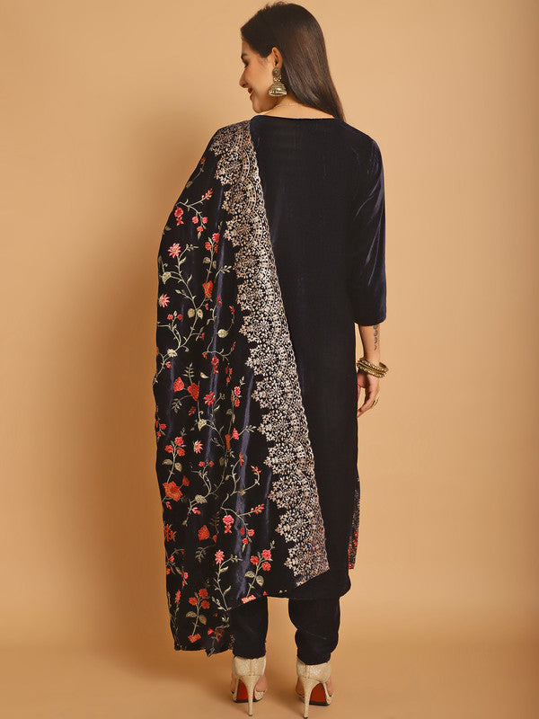 Jyoti Fashion Women's Navy Blue Velvet Floral Resham Thread with Jari & Sequince work Designer Straight Suit Set