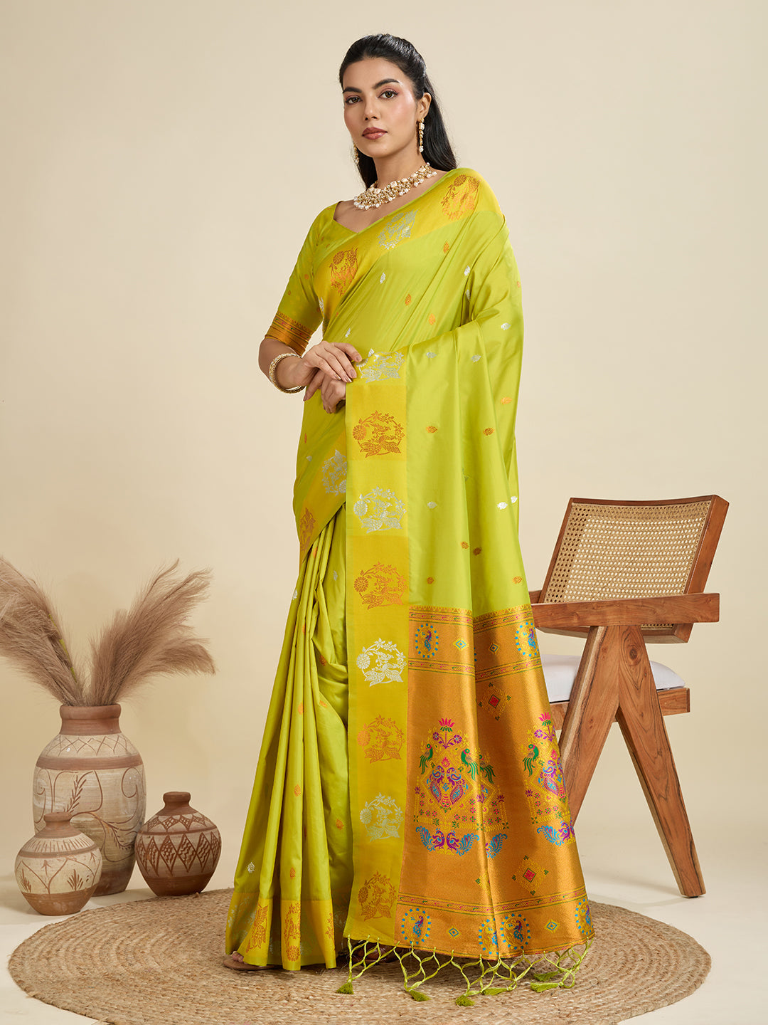 Jyoti Fashion Women's Mehendi Soft Kanjivaram Paithani Silk Zari Woven Designer Saree with Blouse