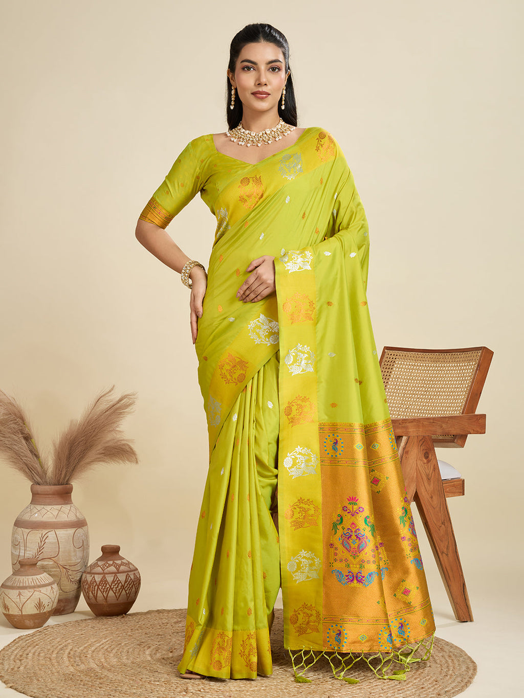 Jyoti Fashion Women's Mehendi Soft Kanjivaram Paithani Silk Zari Woven Designer Saree with Blouse